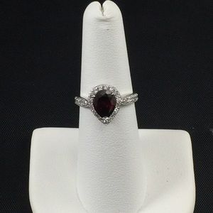 Garnet and white CZ ring, sterling silver